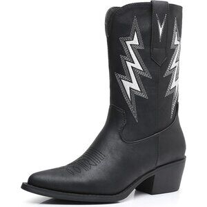 Globalwin Low Heels Women Black Faux Leather Mid Calf Western Pointed Toe Boots